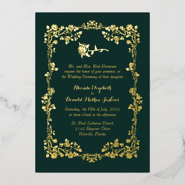 Kelly Green Ornate Rose Border  Foil Invitation (Front)