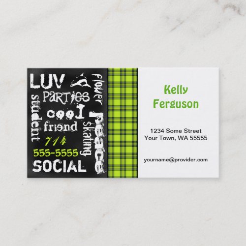 Kelly Green Plaid, Grunge Chalkboard Business Card