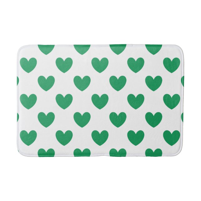 Kelly green polka hearts on white bathroom mat (Front)
