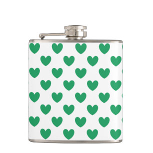 Kelly green polka hearts on white flask