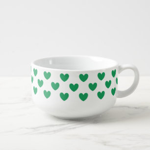 Kelly green polka hearts on white soup mug