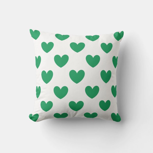 Kelly green polka hearts on white throw pillow (Front)