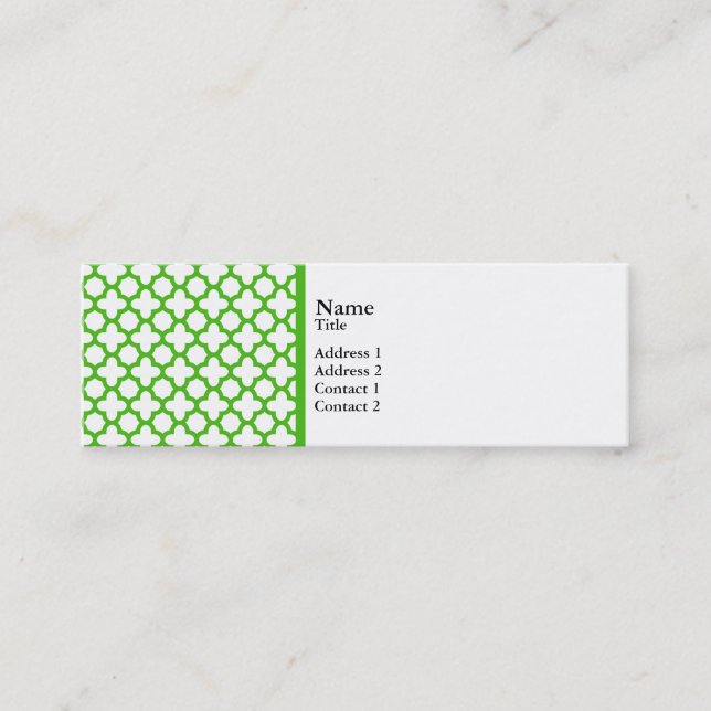 Kelly Green Quatrefoil Pattern Mini Business Card (Front)