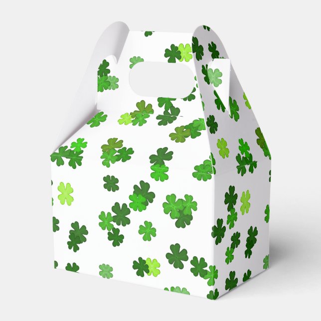 Kelly green “Shamrocks Falling” Favor Boxes (Front Side)