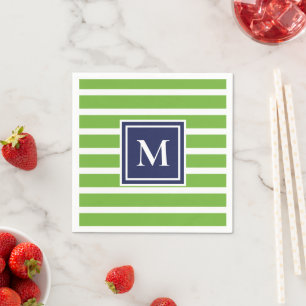 Kelly Green Stripe Modern Monogram Coastal Beach Napkins
