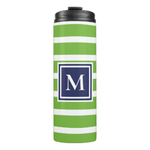 Kelly Green Stripe Navy Modern Monogram Coastal Thermal Tumbler