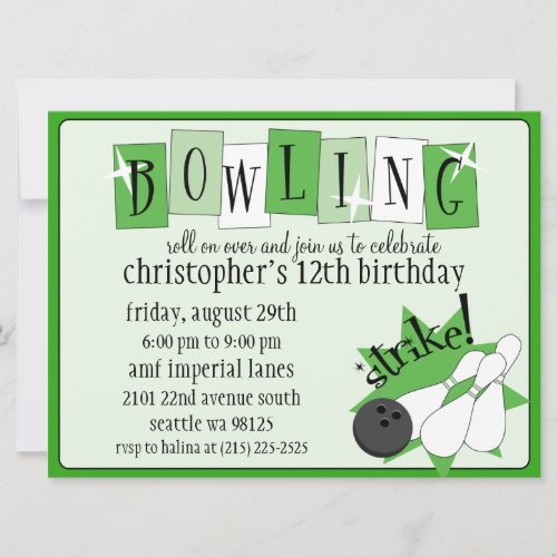 Kelly Green Totally Retro Bowling Birthday Party Invitation