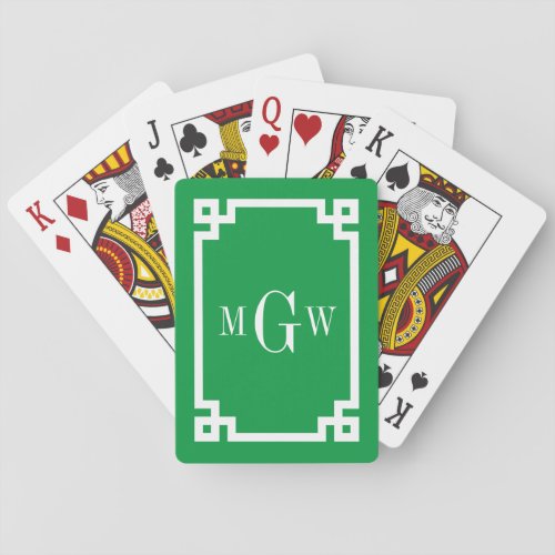 Kelly Green Wt Greek Key 2 Framed 3 Init Monogram Playing Cards