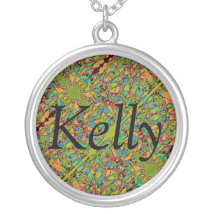 Kelly name on abstract art background retro silver plated necklace