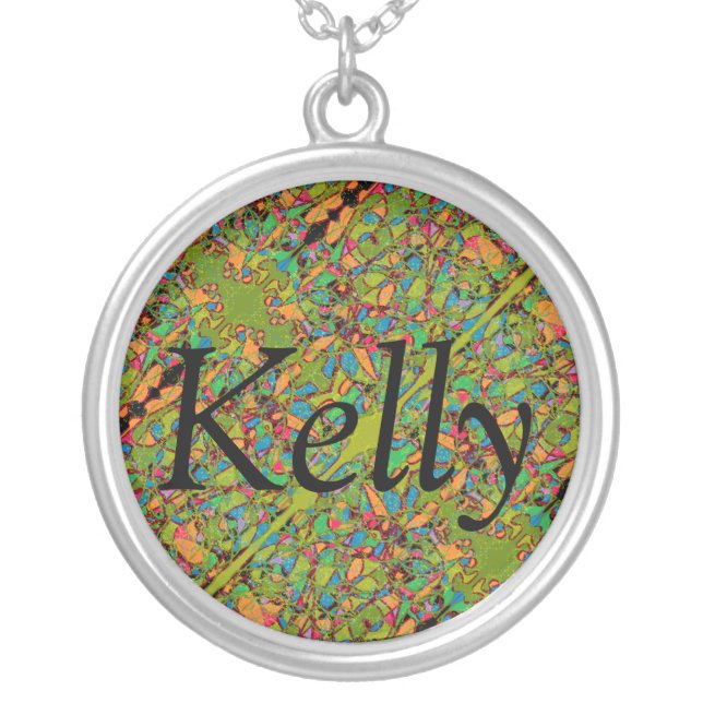 Kelly name on abstract art background retro silver plated necklace (Front)