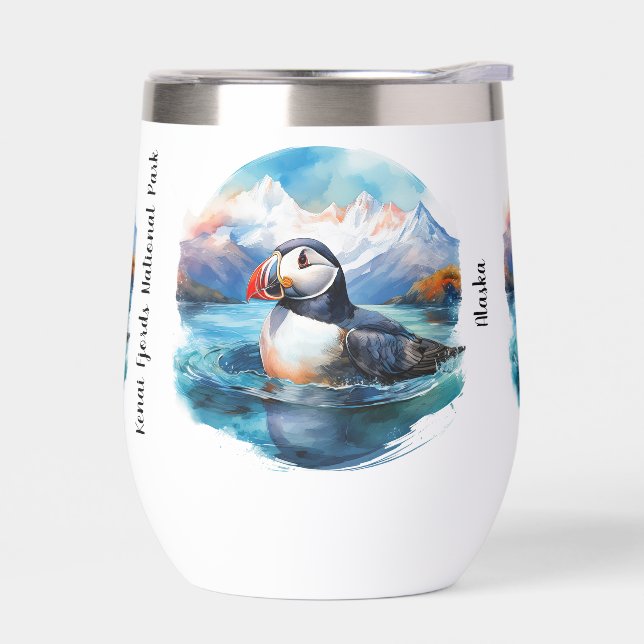 Kenai Fjords Alaska Puffin Thermal Wine Tumbler (Left)