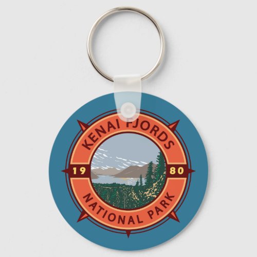 Kenai Fjords National Park Retro Compass Emblem Keychain
