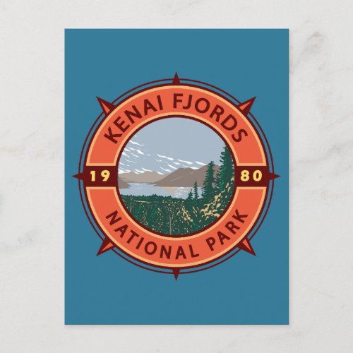 Kenai Fjords National Park Retro Compass Emblem Postcard