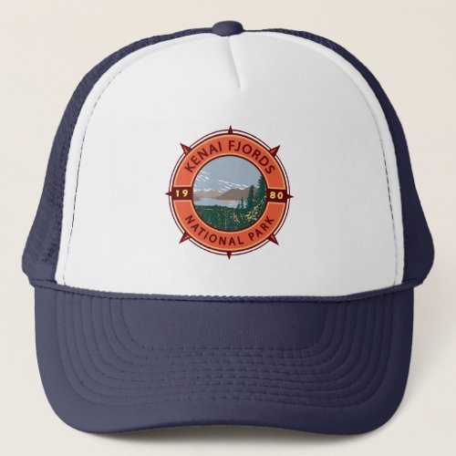 Kenai Fjords National Park Retro Compass Emblem Trucker Hat