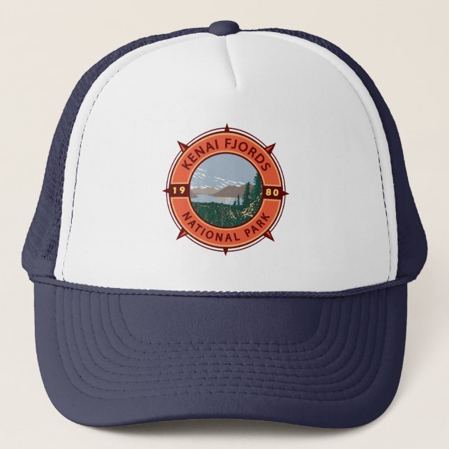 Kenai Fjords National Park Retro Compass Emblem Trucker Hat (Front)