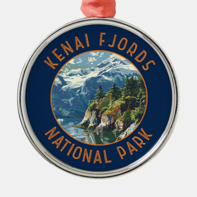 Kenai Fjords National Park Retro Distressed Circle Metal Ornament (Front)