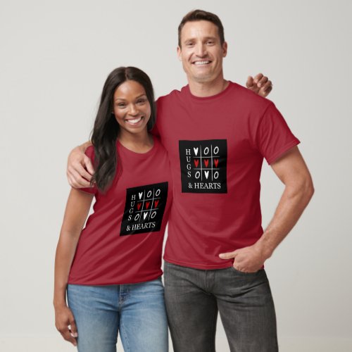 Kendal Hugs  Hearts Burgundy on Black Tic_Tac_Toe T_Shirt