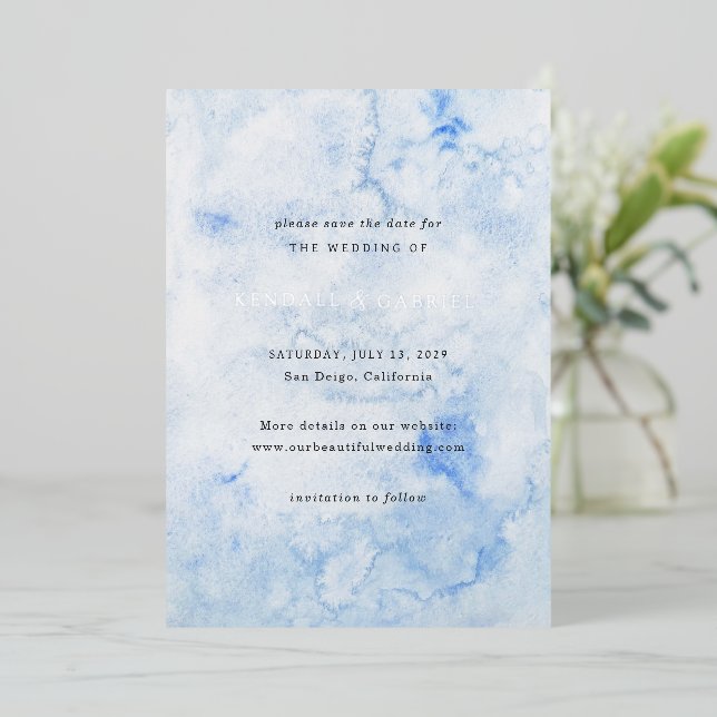 Kendall Blue Elegant Wedding Save the Date Foil Invitation (Standing Front)