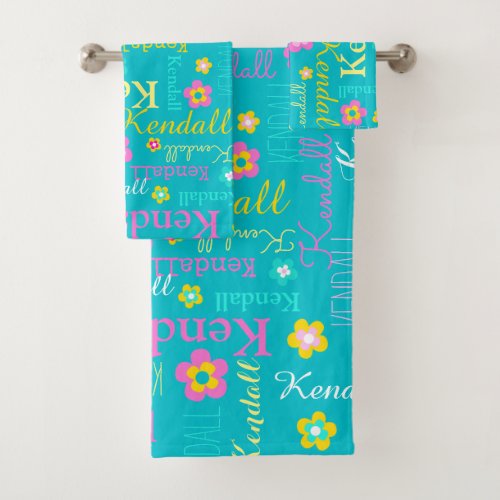 Kendall graphic flowers name aqua yellow pink bath towel set