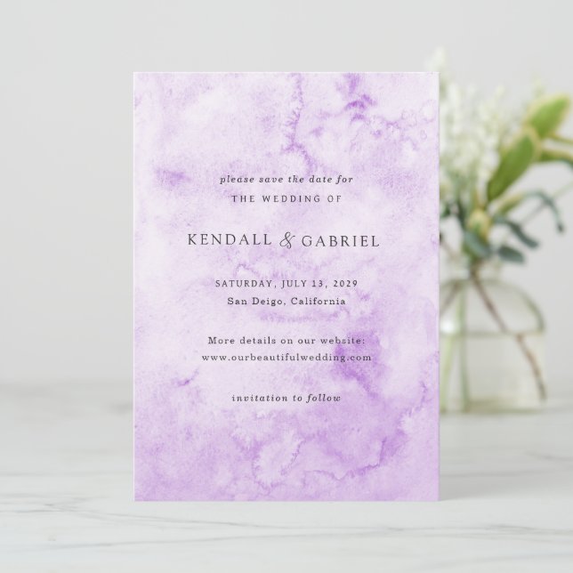 Kendall Purple Watercolor Elegant Wedding Save The Date (Standing Front)