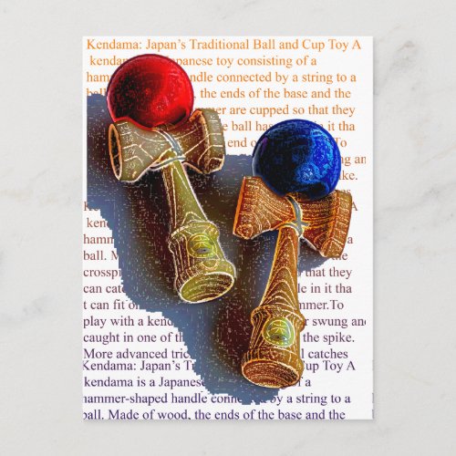 Kendama Red and Blue Color Ink Sketch Postcard