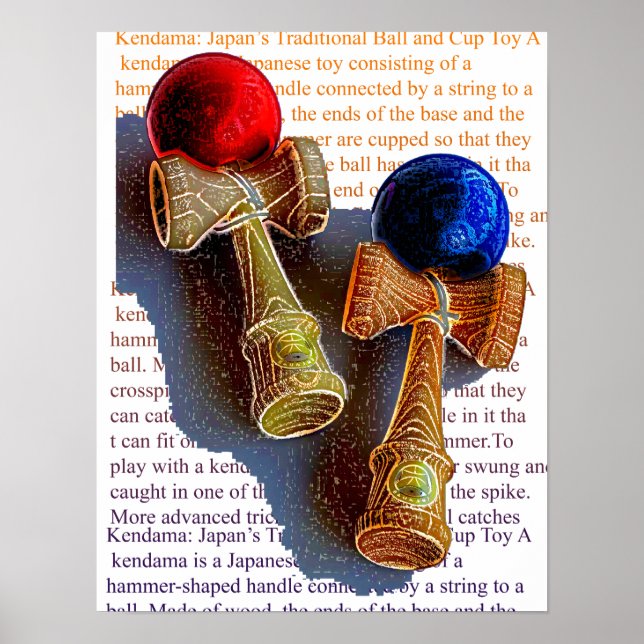 Kendama, Red and Blue Color Ink Sketch Poster (Front)