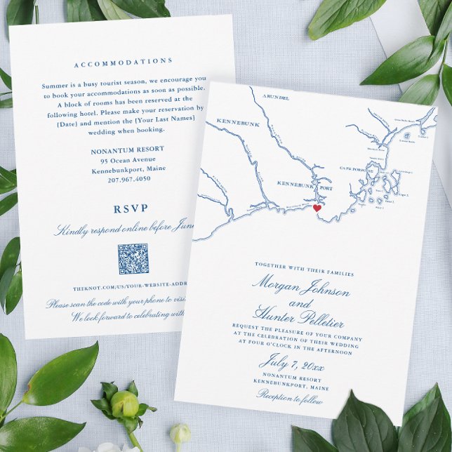 Kennebunkport All-in-One QR code RSVP Wedding Invitation (These double sided Kennebunkport Wedding invitations save paper and stamps with a QR code RSVP)