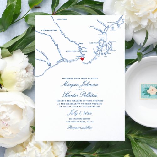 Kennebunkport Maine Elegant Navy Map Wedding Invitation
