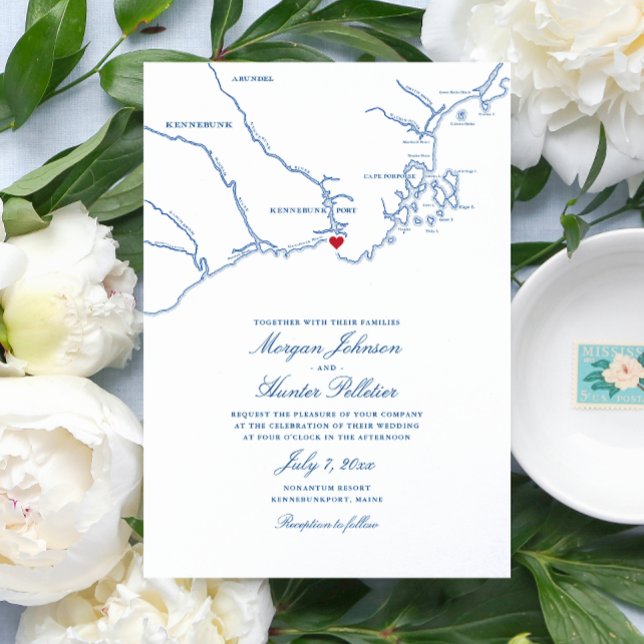 Kennebunkport Maine Elegant Navy Map Wedding Invitation (Navy Blue Kennebunkport Map Wedding invitations for a destination wedding at Nonantum Resort)