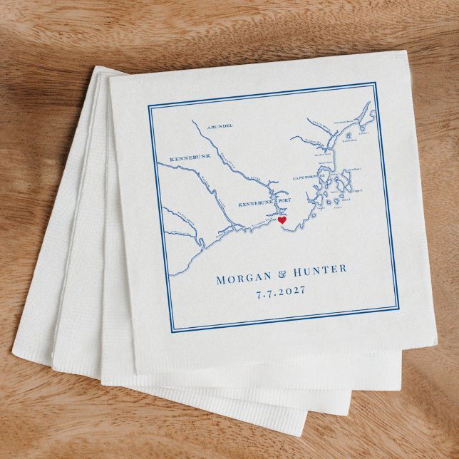 Kennebunkport Maine Map Navy Elegant Wedding Napkins (Kennebunkport Maine Map napkins custom made for a wedding at Nonantum Resort.)