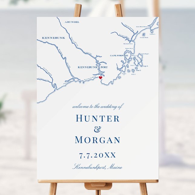 Kennebunkport Maine Map Navy Wedding Welcome Sign (Kennebunkport Maine wedding welcome sign on foam board for a wedding at Nonantum Resort)