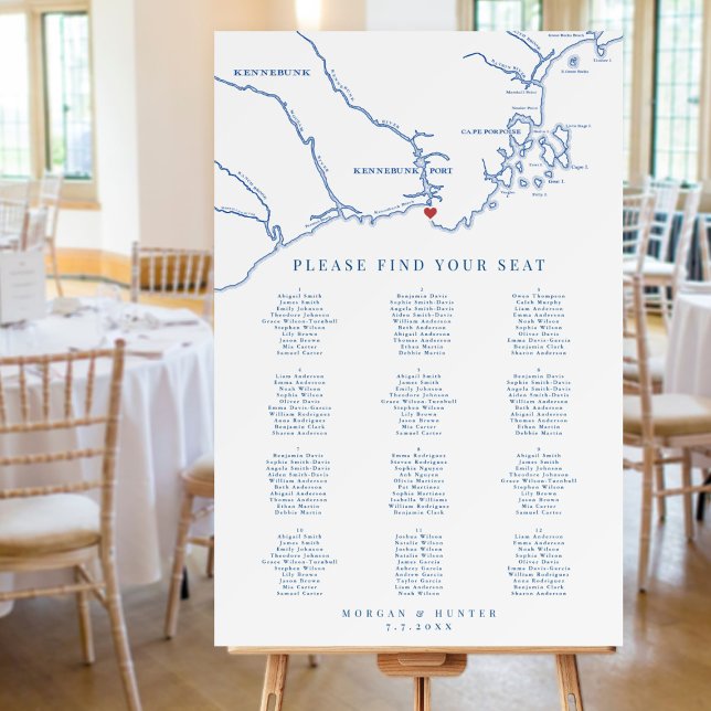Kennebunkport Maine Map Wedding Seating Chart Foam Board (This Kennebunkport seating chart has space for 12 tables and features a map of coastal maine)