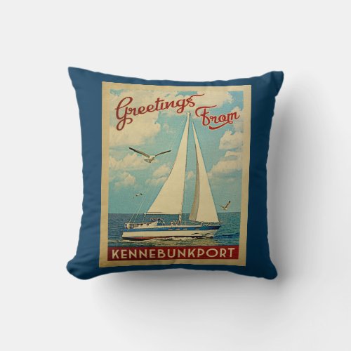 Kennebunkport Sailboat Vintage Travel Maine Throw Pillow