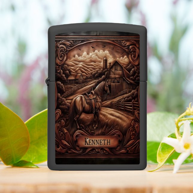 Kenneth Carved Horse & Countryside Zippo Lighter (On Table)