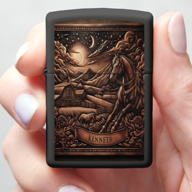 Kenneth Night time Ranch Horse Zippo Lighter (In Hand)