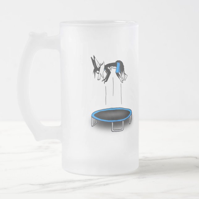 Kenny on trampoline frosted glass beer mug (Left)