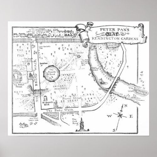 Kensington Gardens Peter Pan B  W Map Poster