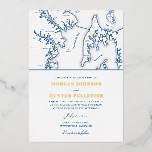 Kent Island Maryland Destination Navy and Gold Foil Invitation