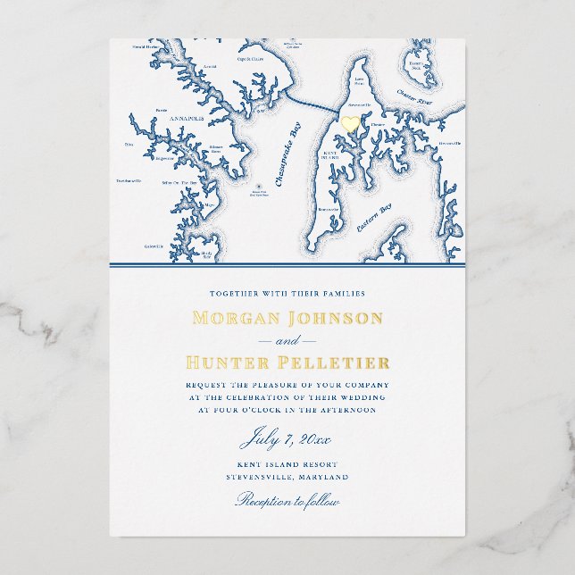 Kent Island Maryland Destination Navy and Gold  Foil Invitation (Front)