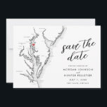 Kent Island Maryland Map Wedding Save The Date<br><div class="desc">This modern and minimalist black and white Chesapeake Bay map Save the Date is perfect for your Kent Island destination wedding to Grasonville or Stevensville, Maryland. There's a heart that you can move over your wedding location and a spot for your photo on the back. Perfect for venues like Chesapeake...</div>