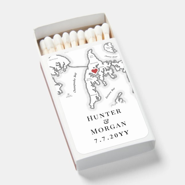 Kent Island MD Map Elegant Black White Wedding Matchboxes (Front Open)