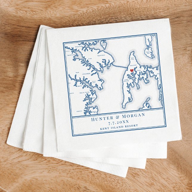Kent Island Stevensville Maryland Map Wedding Napkins (These Kent Island map napkins are perfect for your Kent Island Maryland destination wedding)
