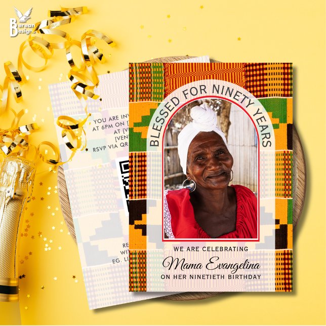 Kente Photo BLESSED 90TH BIRTHDAY Invitation (BLESSED FOR NINETY YEARS ethnic kente photo design for 90th birthday celebrations)
