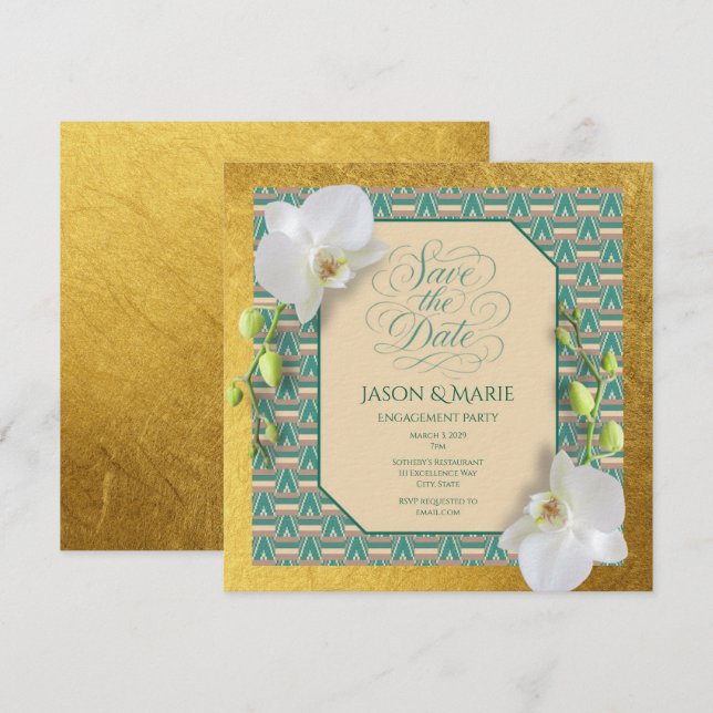 Kente Save the Date Invitation Teal & Gold (Front/Back)