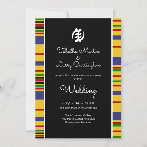 Kente Stripes Gye Nyame Black White Wedding Invitation