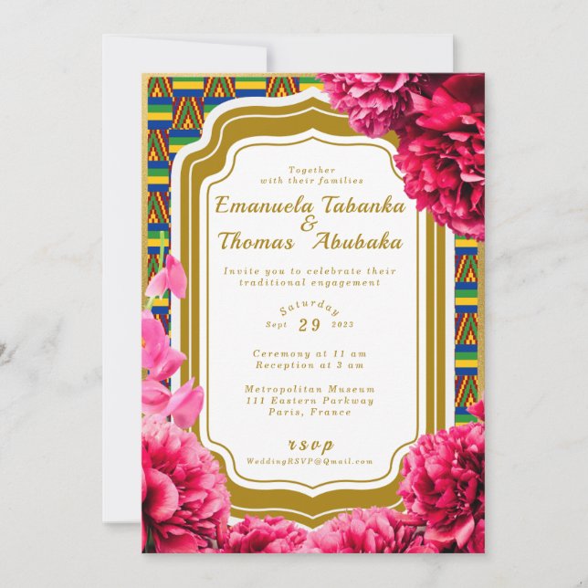 Kente Wedding Invitation - Blue and Gold Kente (Front)