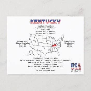 Kentucky American State On A Map And Useful Info Holiday Postcard by DigitalSolutions2u at Zazzle