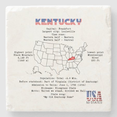 Kentucky American State On A Map And Useful Info Stone Coaster