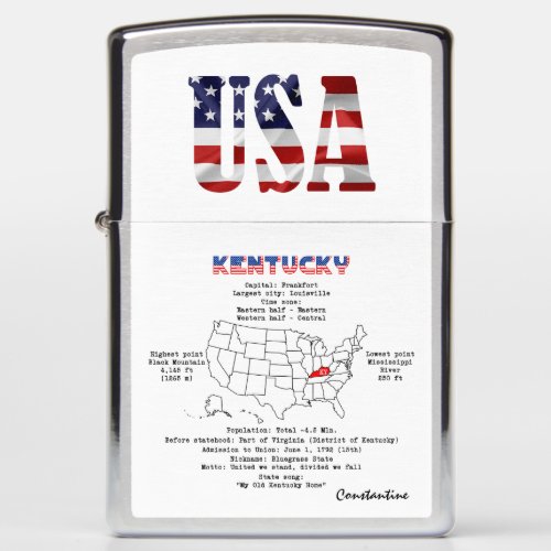 Kentucky American state on a map and useful info Zippo Lighter