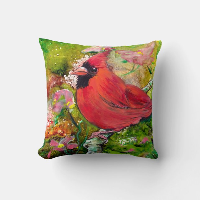 Kentucky Cardinal in the Spring by Design GG Burns Throw Pillow (Front)